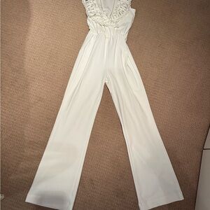 Boston Proper White Jumpsuit with Intricate Lace and Palazzo Legs